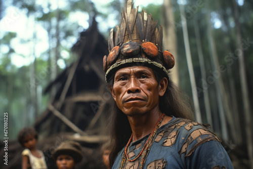 From below generative AI image of an Amazonian tribal leader, wearing a unique headdress and traditional attire, standing in front of a village with children in the backdrop photo