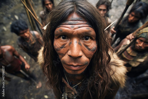 From above generative AI image of portrait of an older indigenous Amazonian man with tribal face paint, surrounded by other tribe members photo