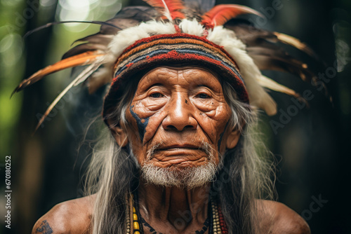 Generative AI image of an elder Amazonian tribe chief with a feathered headdress, tribal face paint, and traditional jewelry, deeply gazing into the camera photo