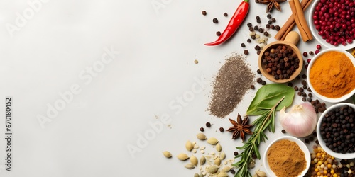 Herb and spices, rice and various beans. Top view with copy space on wite backgraund. 