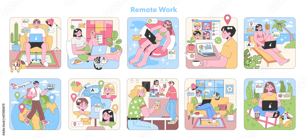 Remote Work set. Professionals in diverse settings, from home to tropical escapes. Balancing work and relaxation, virtual meetings, global collaboration. Flat vector illustration Remote Work set. Professionals in diverse settings, from home to tropical escapes. Balancing work and relaxation, virtual meetings, global collaboration. Flat vector illustration