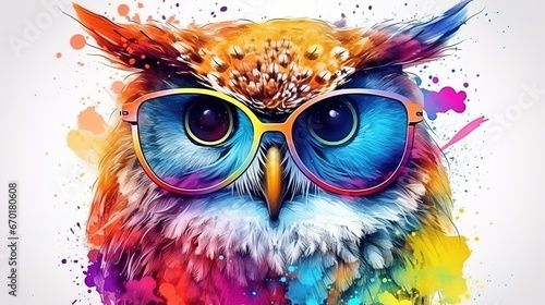A cute multicolored owl with glasses is painted with watercolors. Close portrait of eagle-owl with paint splashes. Digital art. Printable design for t-shirt, bag, postcard, case and other products
