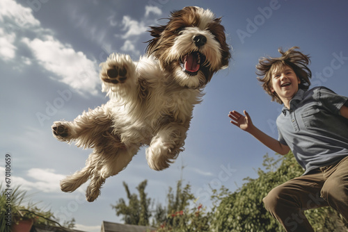 Generative AI image of dog's joyful leap and boy's laughter photo
