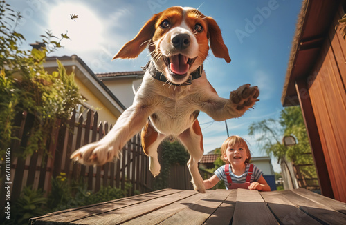 Generative AI image of leaping beagle and a smiling boy in the garden.