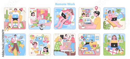 Remote Work set. Professionals in diverse settings, from home to tropical escapes. Balancing work and relaxation, virtual meetings, global collaboration. Flat vector illustration