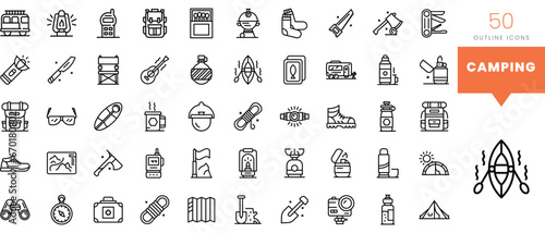 Set of minimalist linear camping icons. Vector illustration