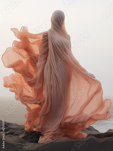 Mysterious silhouette swathed in undulating coral fabric on a foggy beach morning. Generative AI. photo