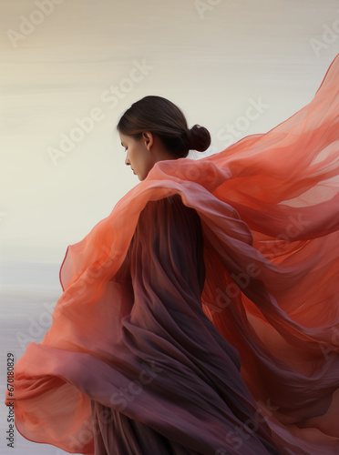 A woman wrapped in a vibrant orange and purple veil gazes into the distance with a serene backdrop. Generative AI. photo