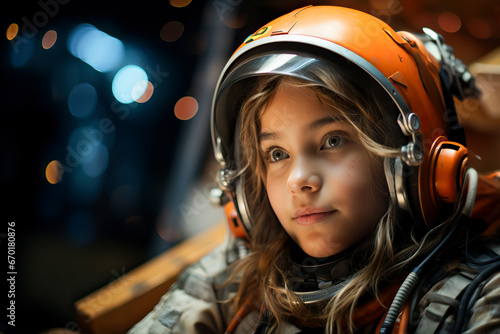 Generative AI image of portrait of smiling kid astronaut with light hair and green eyes in spacesuit and wearing helmet while looking away and sitting against blurred dark background with lights photo