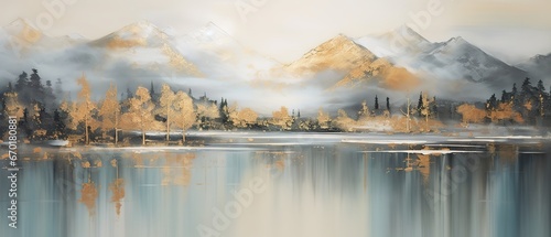 Abstract art acrylic oil painting of mountains landscape with gold details, tree and reflection of water from a lake