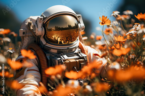 Generative AI image of anonymous astronaut in spacesuit and wearing reflecting helmet while standing among blurred flowers in daylight photo