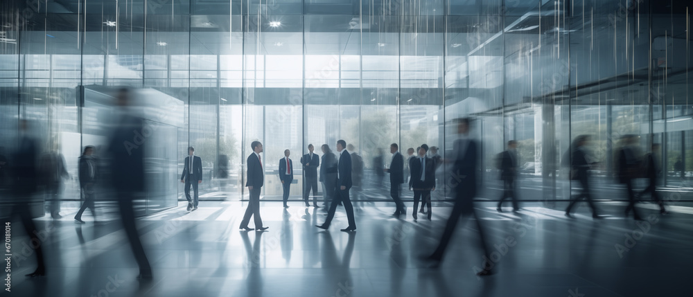 The silhouettes of corporate workers in a contemporary office with frosted glass surroundings. Business people walking in a modern office building, out of focus panoramic banner