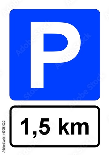 Illustration eines blauen Parkplatzschildes mit der Aufschrift "1,5 km"