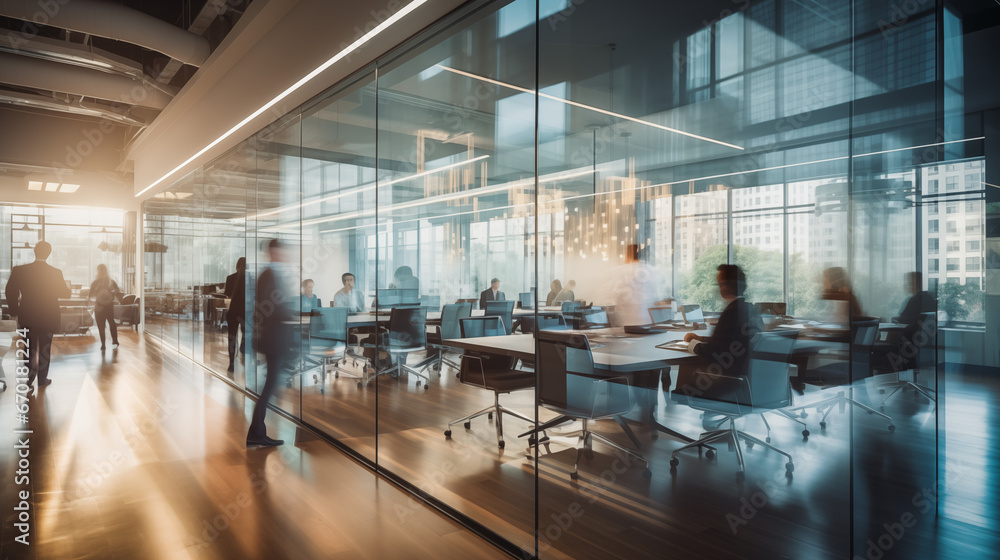Business personnel appear out of focus within a modern office space featuring translucent glass. Business people in a meeting room with panoramic windows and city view, out of focus panoramic banner