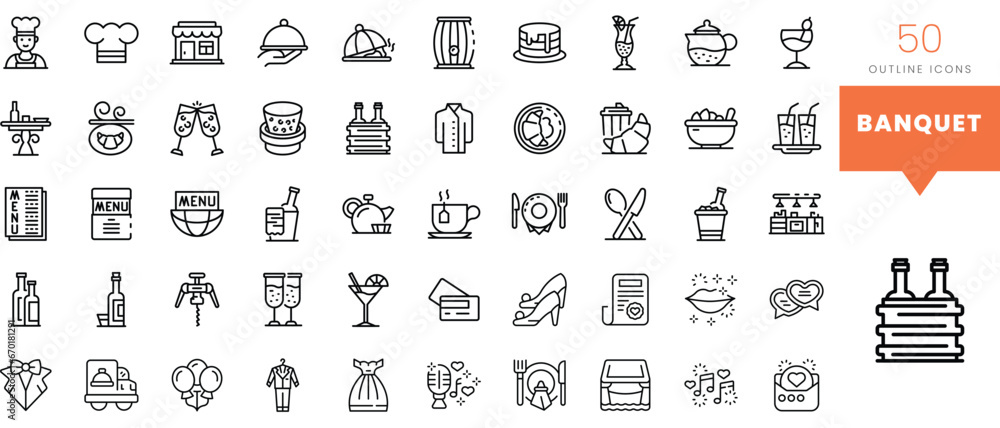 Set of minimalist linear banquet icons. Vector illustration - obrazy, fototapety, plakaty 