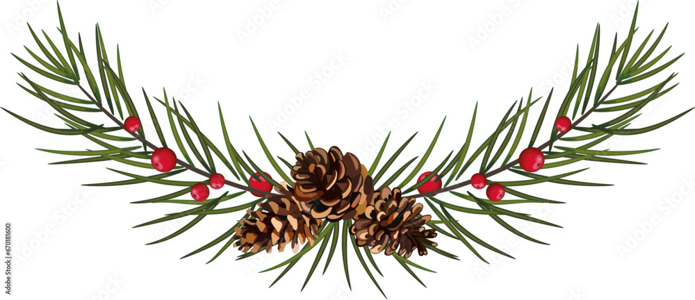 Christmas decorations plants realistic composition with green tree branches and pine cones vector illustration. Eps 10 - obrazy, fototapety, plakaty 
