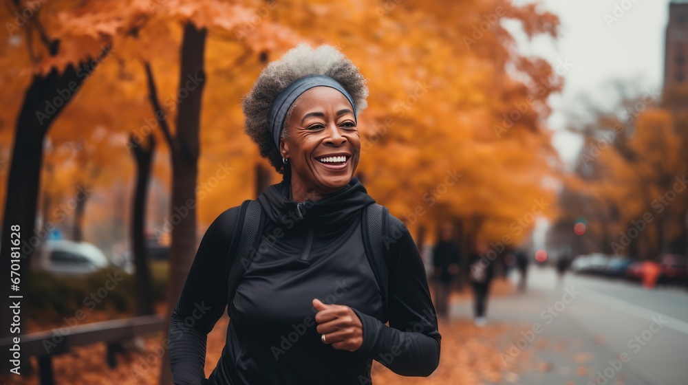 Black senior woman going for a run and living a healthy lifestyle for longevity, generative ai. Black senior woman going for a run and living a healthy lifestyle for longevity, generative ai.