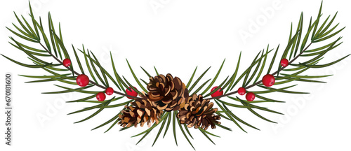 Christmas decorations plants realistic composition with green tree branches and pine cones vector illustration. Eps 10