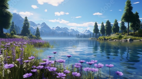 A breathtaking landscape featuring a crystal-clear lake surrounded by lush, vibrant luminous lavender forests under a cloudless, azure sky.