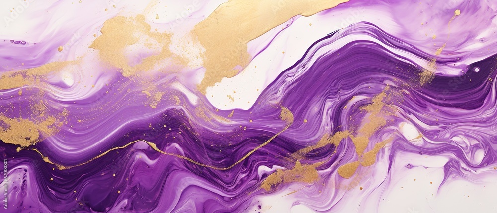 Abstract marble marbled ink painted painting texture luxury background banner illustration - Purple waves swirls gold painted splashes 3d lines