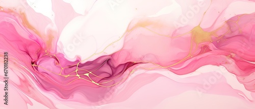Abstract watercolor paint background illustration - Pink white color and golden lines, with liquid fluid marbled swirl waves texture banner texture