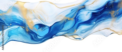Abstract marbled ink liquid fluid watercolor painting texture banner illustration - Blue petals  blossom flower swirls gold painted lines  isolated on white background