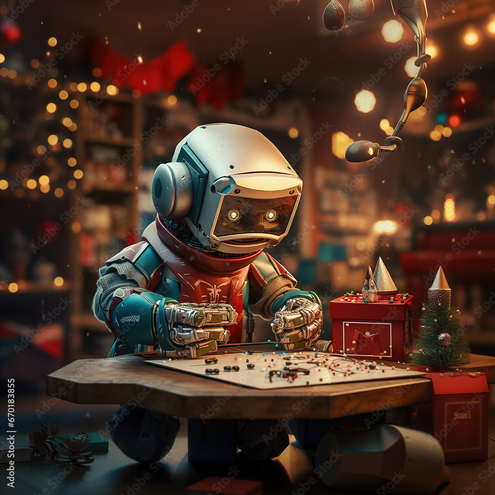 Cute Little Robot Unwrapping a Christmas Gift