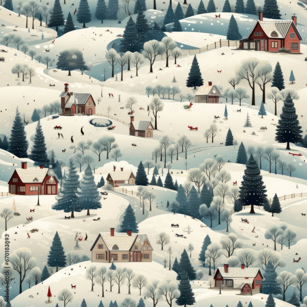 Cottages on the hillside in snow seamless pattern