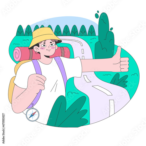 Road trip. Slow traveling. Man hitchhiking with a backpack. Outdoor relaxation or traveling. Modern practice for body and mind wellness. Flat vector illustration