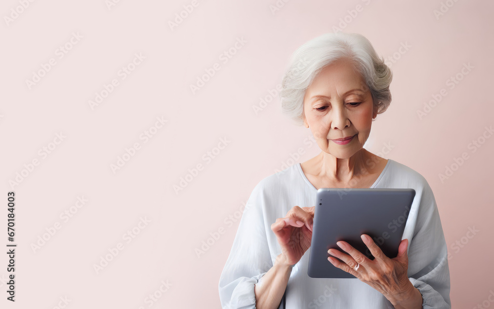 Portrait of an elderly, mature, old woman using smart tablet, pad for online shopping on a pastel background. Copy space for text, advertising, message, logo Portrait of an elderly, mature, old woman using smart tablet, pad for online shopping on a pastel background. Copy space for text, advertising, message, logo