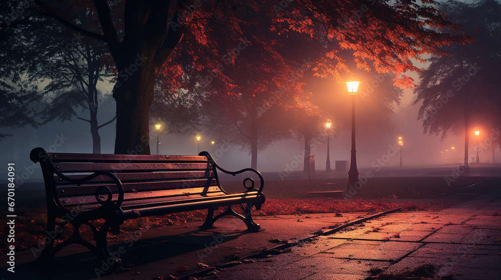  Wooden Bench in the Park on a Tranquil Autumn Night