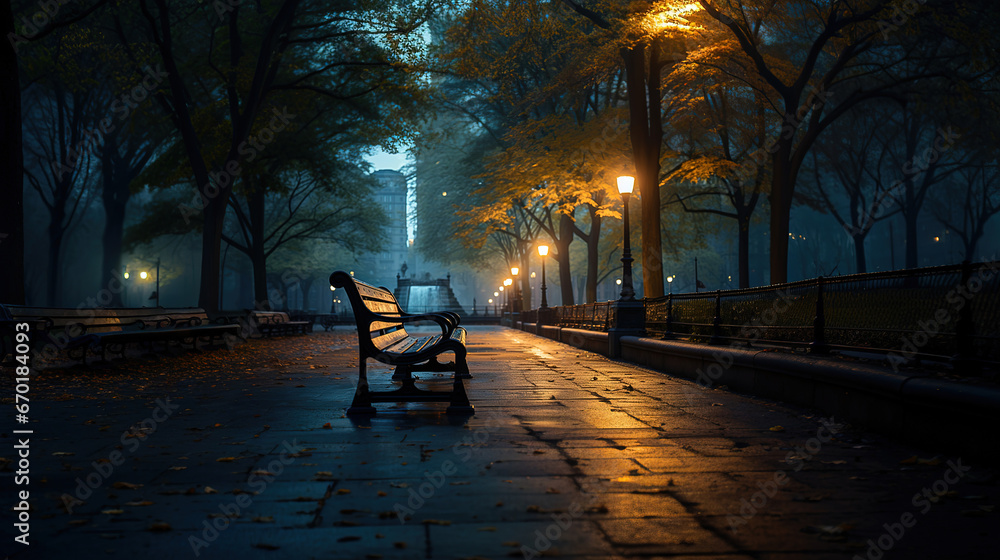  Wooden Bench in the Park on a Tranquil Autumn Night