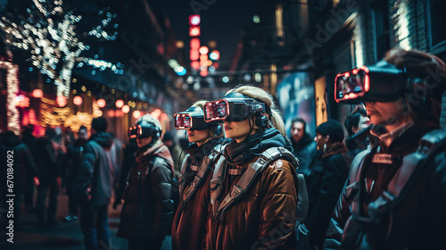  People looing through the virtual reality on Christmas night