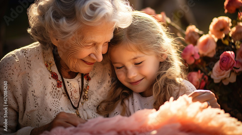 Lovley photo with grandmother and child hugging in flower garden photo