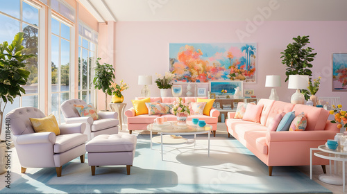 Stylish and Modern Living Room with Sunny Pastel-Colored Furniture © Milica