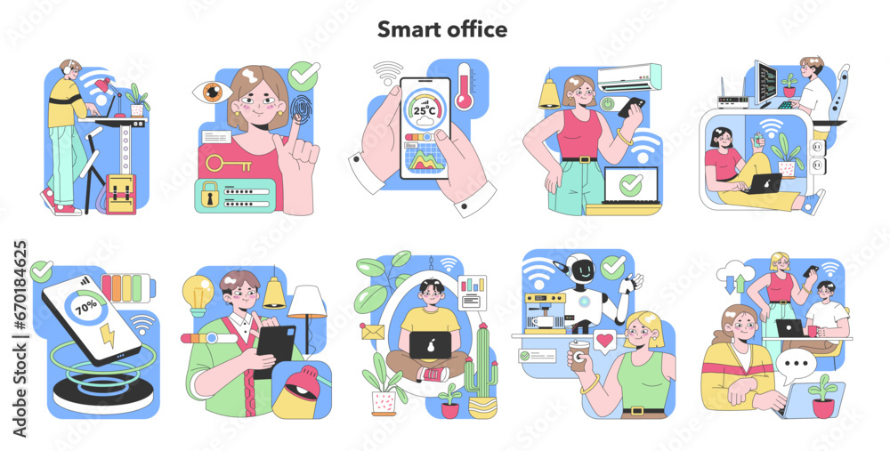 Smart office set. Employees interact with technology. Wireless charging, temperature control, workspace comfort. Collaborative environment, connectivity essentials. Flat vector illustration Smart office set. Employees interact with technology. Wireless charging, temperature control, workspace comfort. Collaborative environment, connectivity essentials. Flat vector illustration