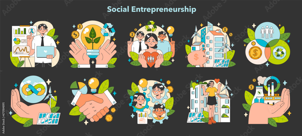 Social entrepreneurship night or dark mode set. Business responsibility for society and environment. Financing and implementing solutions for Sustainable development. Flat vector illustration Social entrepreneurship night or dark mode set. Business responsibility for society and environment. Financing and implementing solutions for Sustainable development. Flat vector illustration