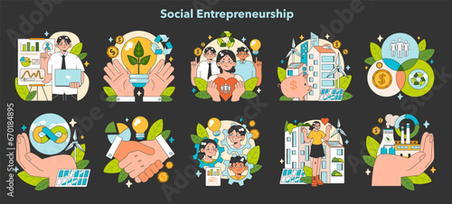 Social entrepreneurship night or dark mode set. Business responsibility for society and environment. Financing and implementing solutions for Sustainable development. Flat vector illustration