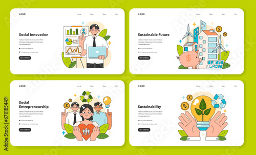 Social entrepreneurship web banner or landing page set. Business responsibility on society and environment. Financing and implementing solutions for Sustainable development. Flat vector illustration