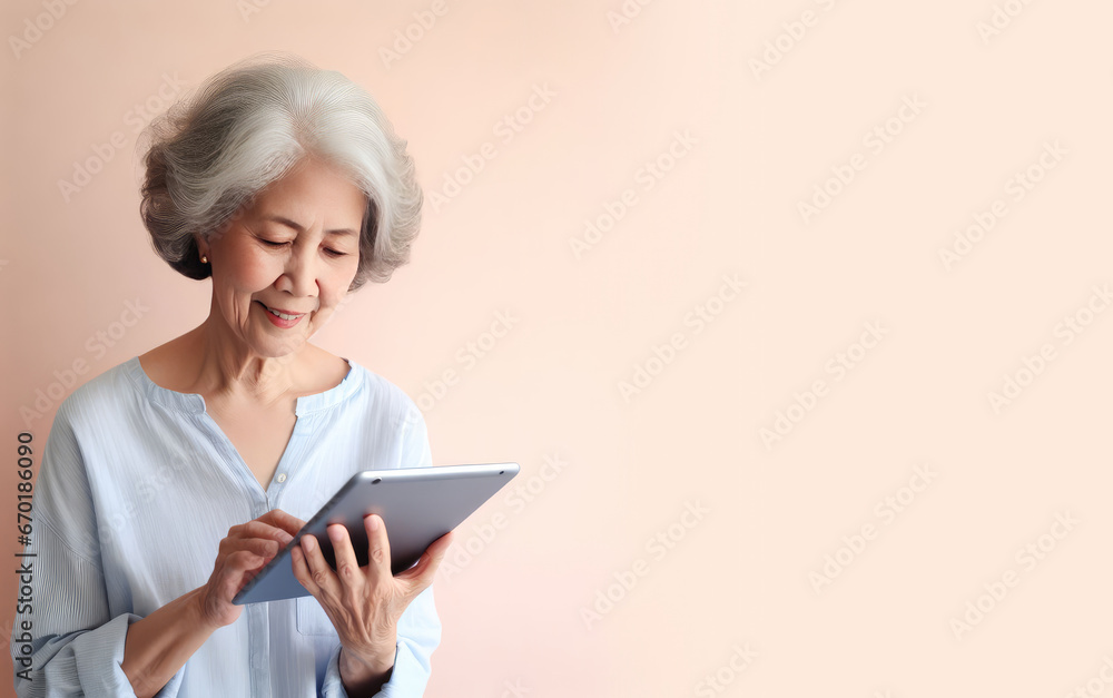 Portrait of an elderly, mature, old woman using smart tablet, pad for online shopping on a pastel background. Copy space for text, advertising, message, logo Portrait of an elderly, mature, old woman using smart tablet, pad for online shopping on a pastel background. Copy space for text, advertising, message, logo
