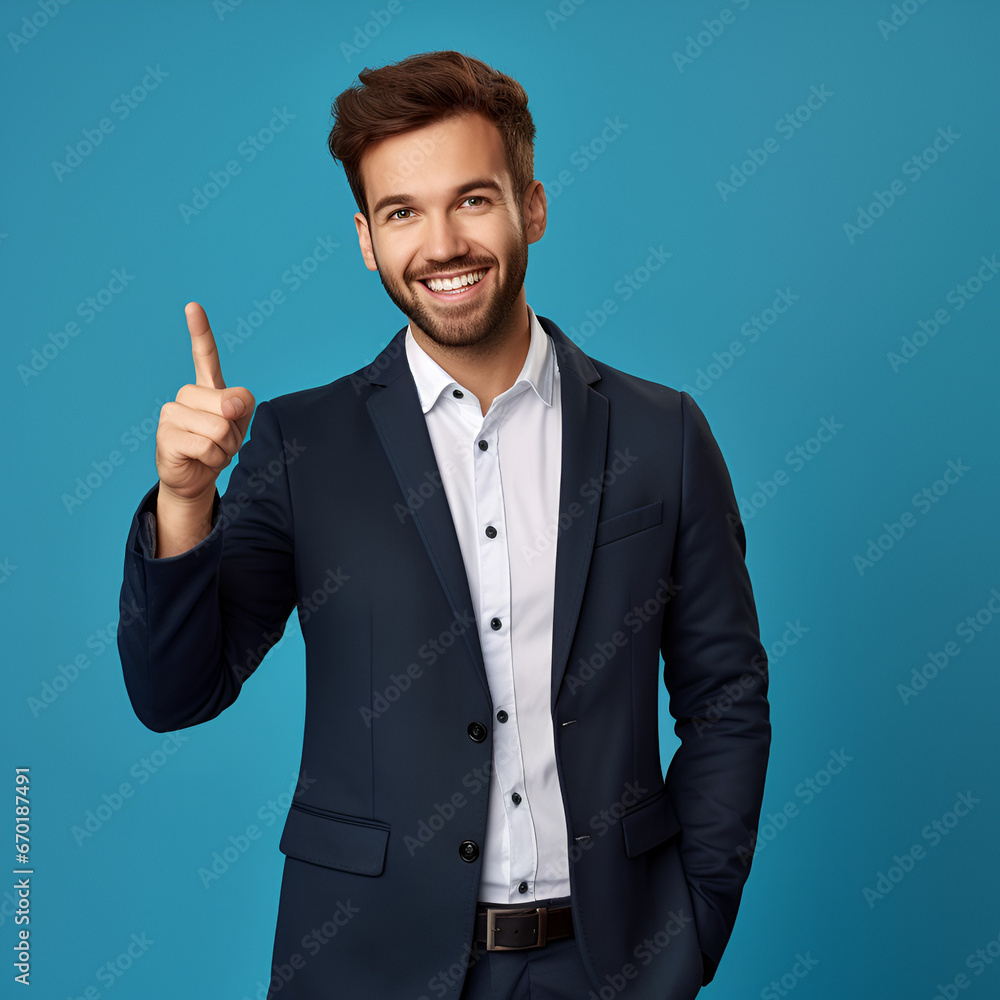 Confident Salesman Pointing at a Product with Copy Space, Standing on a Blue Background, Generative AI Confident Salesman Pointing at a Product with Copy Space, Standing on a Blue Background, Generative AI