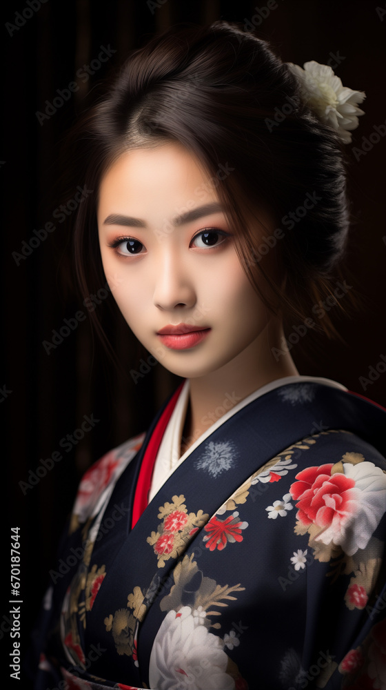 portrait of girl in kimono, which is dark blue coloured with stiches of different colored flowers. AI generated portrait of girl in kimono, which is dark blue coloured with stiches of different colored flowers. AI generated