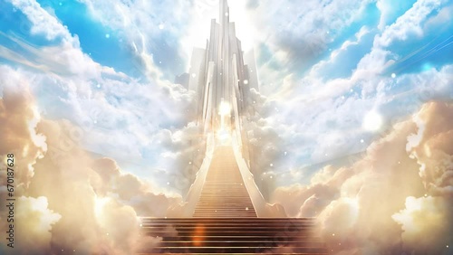Stairs to heaven heading up to skies, bright light from heaven  concept art. Animated background illustration of stairs on the way to heaven photo