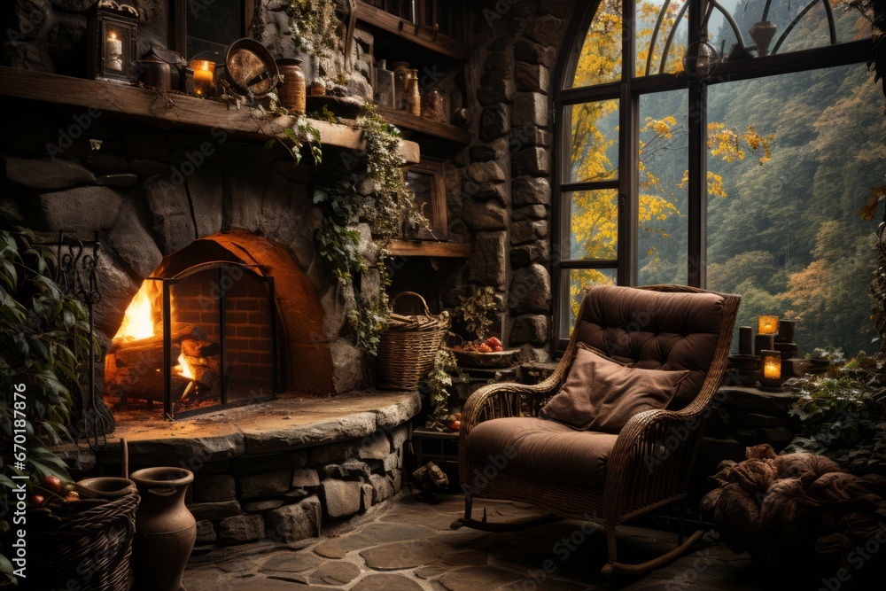 Fantasy tiny storybook style home interior cottage with rustic accents and a large round cozy - obrazy, fototapety, plakaty 