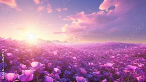 A seamless field of iridescent impatiens stretching to the horizon  evoking a sense of wonder and tranquility.