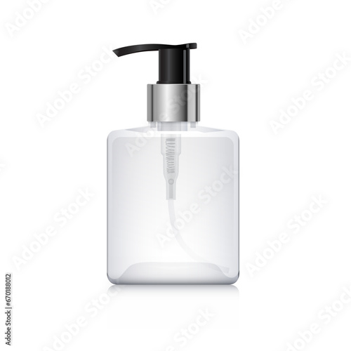 Transparent square bottle with silver pump for foam soap isolated on white background. Plastic flacon mockup template. Packaging mock up. Realistic 3d vector foam soap dispenser.
