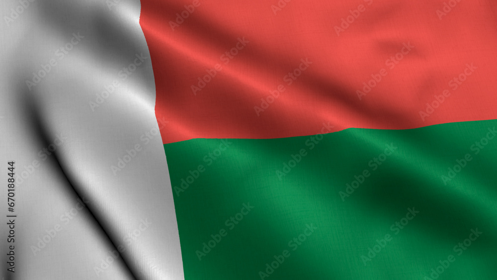Madagascar Flag. Waving  Fabric Satin Texture Flag of Madagascar 3D illustration. Real Texture Flag of the Republic of Madagascar
