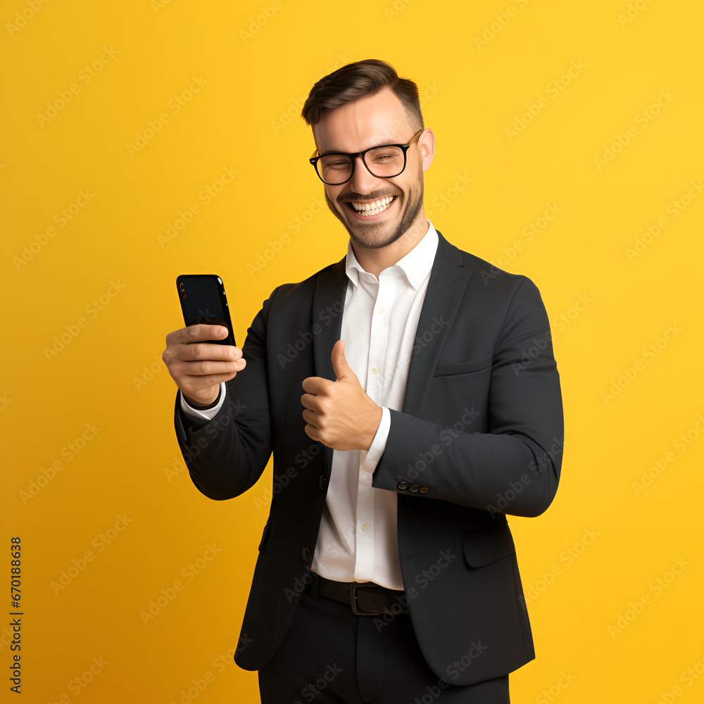Portrait of a Smiling Entrepreneur Giving a Thumbs-Up and Messaging on a Smartphone on a Yellow Background, Generative AI Portrait of a Smiling Entrepreneur Giving a Thumbs-Up and Messaging on a Smartphone on a Yellow Background, Generative AI