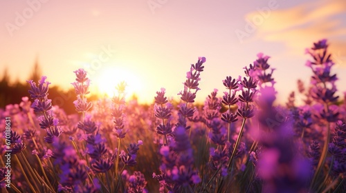 A serene field of luminous lavender flowers basking in the soft  golden glow of the setting sun.