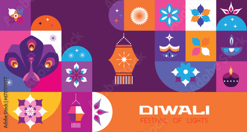 Traditional Indian festival Diwali. Happy Festival of lights Deepavali Template  banner, poster, greeting card Festive Burning diya graphic design background Vector abstract flat illustration